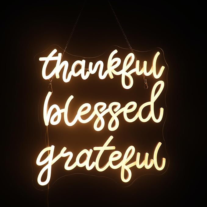 Thankful Blessed Grateful Neon Sign Led Dimmable Neon Lights for Bar Room Home Art Wall Decor Party Window Living Room Decor Christmas' Gift (Warm white)