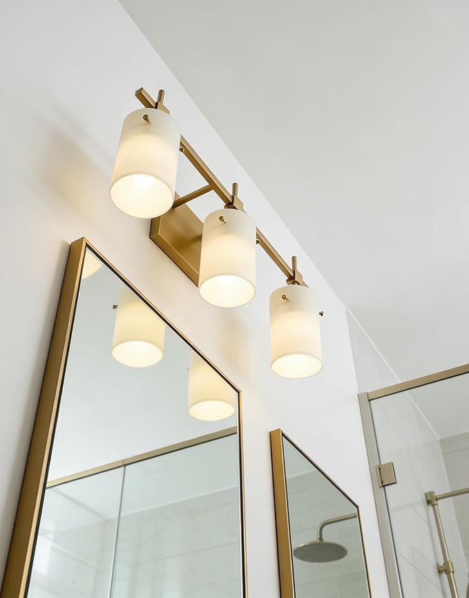 SOLFART 3-Light Bathroom Vanity Light, Modern Brushed Gold Wall Lights with Milky White Glass Shades, Bathroom Wall Sconce Lamp for Mirror Living Room Bedroom Hallway (Bulbs Not Included)