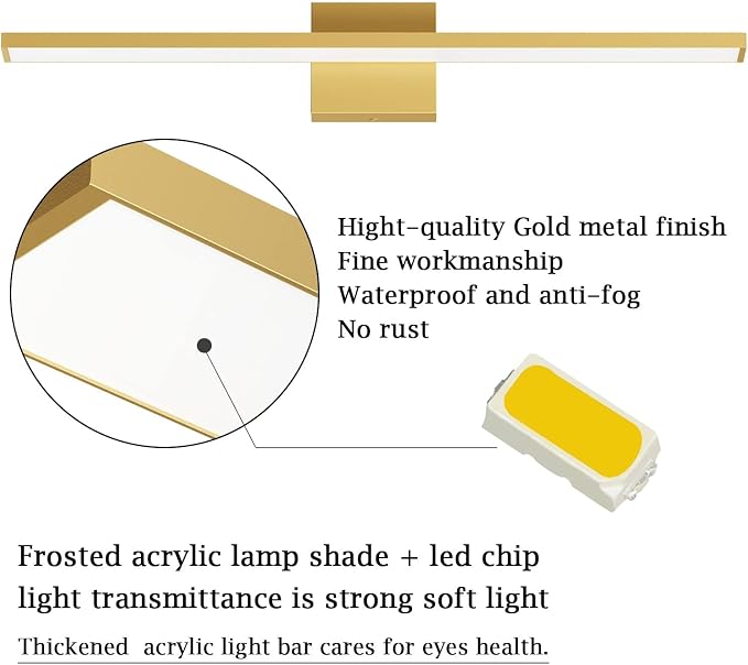 Ralbay 24inch Modern Gold Bathroom Vanity Light Frosted Aluminum Modern LED Gold Bathroom Light Fixtures White Light 6000K