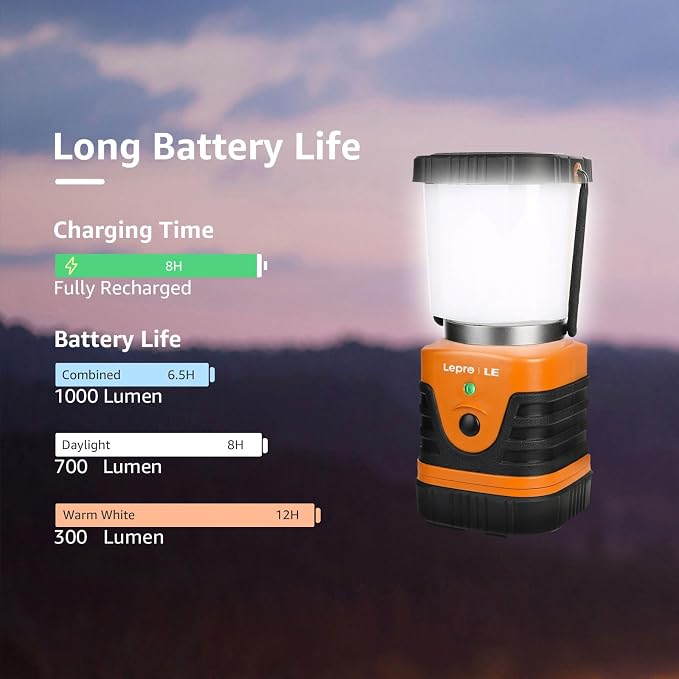 Lepro 1000LM LED Camping Lantern Rechargeable, 4400mAh Orange Tent Light with 4 Light Modes, Waterproof Lantern Flashlight for Hurricane Emergency, Camping Essentials, USB Cable Included