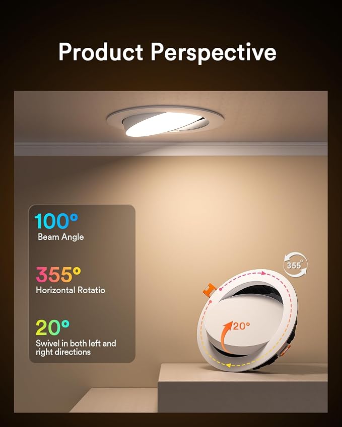 Lumary Gimbal Smart Recessed Lighting 6 Inch w/Remote, RGBWW WiFi Can Light | 355°+20° Adjustable, Support Alexa/Google/APP/Lumary Switch for Bedroom, Dimmable, Canless w/J-Box, 1000LM CRI90, 4Pack