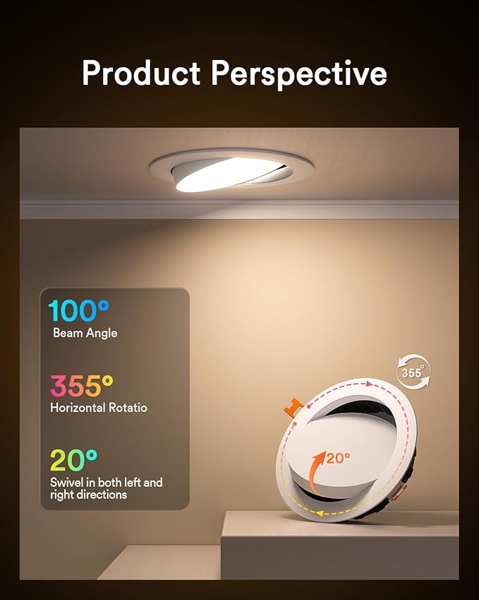 Lumary Smart Gimbal Recessed Lighting 6 Inch with Remote, RGBWW WiFi Ceiling Light Swivel 355° & Tilt 20°, Work with Alexa Google, Adjustable LED Can Lights Canless with J-Box, 1000lm CRI90, 4Pack