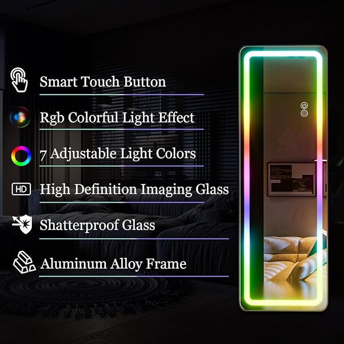 Koonmi Full Length Mirror with LED Lights, 60"x16" Lighted Mirror with Remote Control, RGB Color Changing Lights, 7 Dynamic Modes, Dimmable Brightness