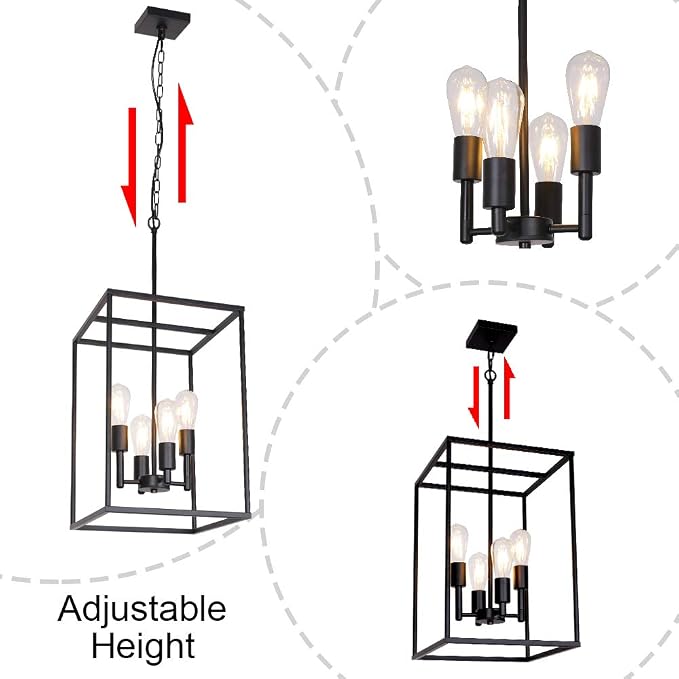 4 Light Large Industrial Metal Farmhouse Pendant Light Black Square Wide Cage Chandelier with Painted Finish for Dining Room Foyer Living Room Cafe Bar