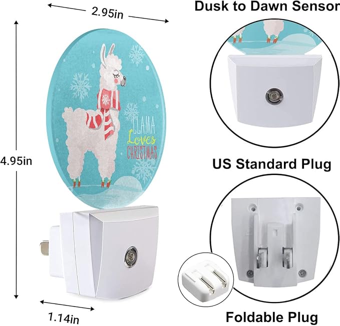 Cute Animal Night Light Funny Christmas Llama Wear Red Scarf Winter Snowflakes Plug-in Nightlight Energy Saving 0.5W LED Lighting for Boys Girls Men Women