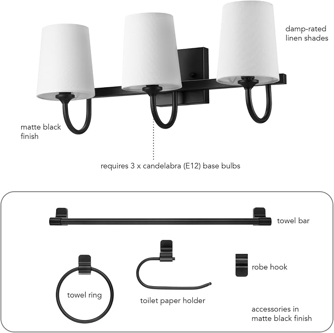 Globe Electric 63000206 5-Piece All-in-One Bathroom Set, 3-Light Vanity Light, Matte Black, Linen Shades, Towel Bar, Robe Hook, Toilet Paper Holder, Towel Ring, Bathroom Lights Over Mirror