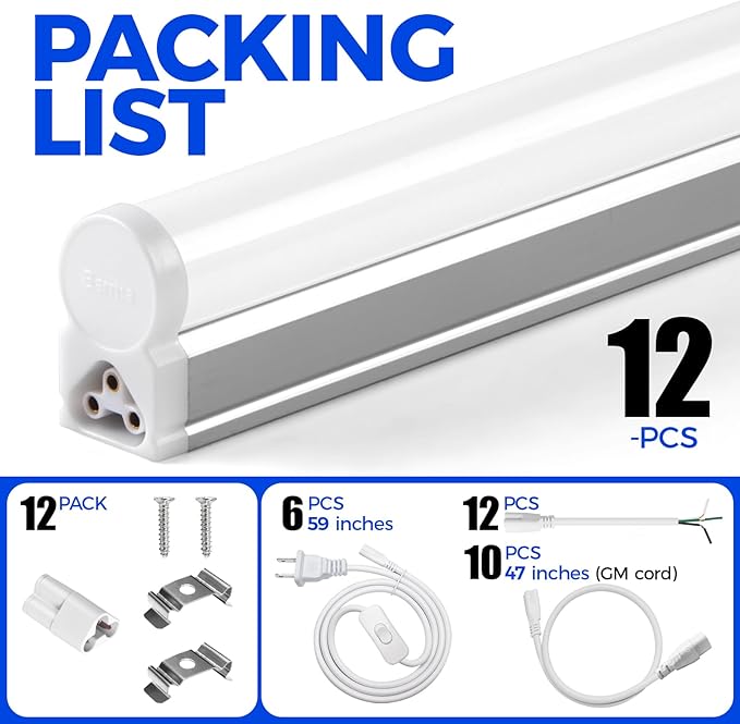 Barrina 12 Pack T5 LED Shop Light 4FT, 4000K Cool White,2200lm, 20W, Utility Linkable Lights, Ceiling and Under Cabinet Light, ETL Listed, ON/Off Switch for Workshop