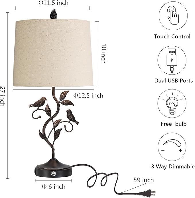RORIANO 27" Set of 2 Touch Farmhouse Table Lamps for Living Room with 3-Way Dimmable 2 USB Ports, Vintage Rustic Iron Leaf Nightstand Lamp for Bedroom, LED Bulb Included (‎Bronze)