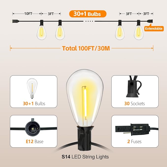 100FT S14 E12 Outdoor String Lights Waterproof Patio 30+1 (1 Spare) bulb | Outside Hanging Shatterproof S14 E12 LED Light Bulb for Parties Porch Garden Fences Backyard Outdoor Indoor