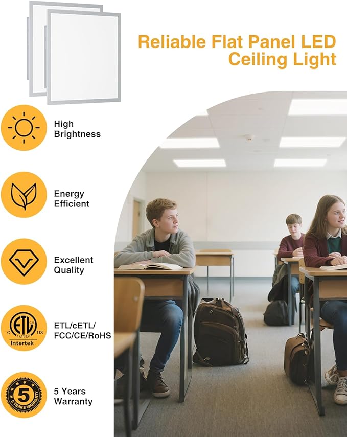 2x2 LED Flat Panel Light, Drop Ceiling Lights Fixture, Selectable Features, 20W/25W/30W/35W/40W, 3000K/3500K/4000K/5000K/6500K, Dimmable (0-10V), for Office Kitchen, ETL Listed (2x2FT-6Pack)