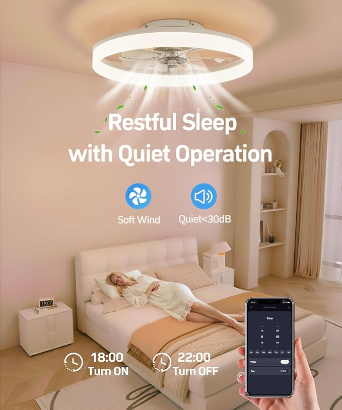 Smart Ceiling Fans with Light and Remote,20" Low Profile Ceiling Fan with 6-Speed & Dimmable LED, Alexa/APP Home Voice Control, App, Reversible Airflow, App Timer, for Bedroom（White）