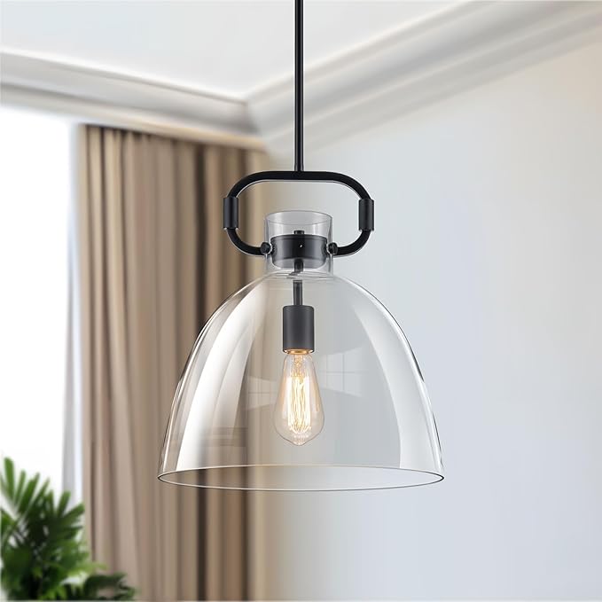 14'' Large Black Pendant Lights Kitchen Island, 1-Light Farmhouses Pendant Lighting Fixture, Adjustable Cord Modern Glass Island Light for Kitchen Bedroom Dining Room, E26