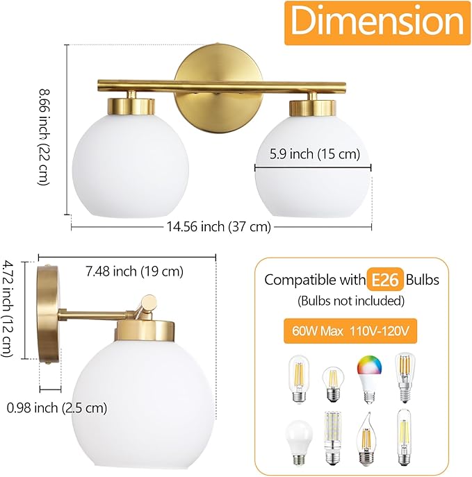 2 Light Bathroom Vanity Light, Gold Bathroom Light Fixtures Over Mirror, Mid Century Modern Wall Sconce with Frosted Globe Glass Shades, Brass Vanity Light, E26 Socket