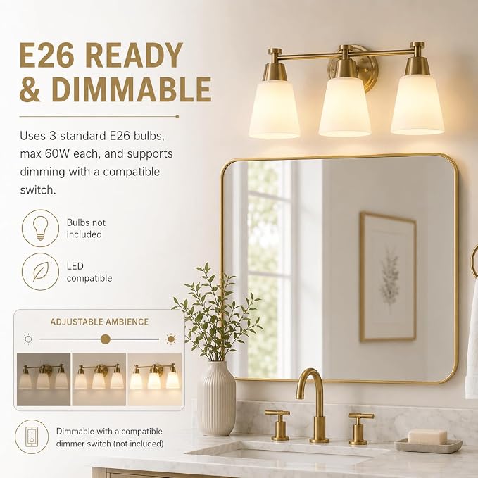3-Light Bathroom Vanity Light, Gold Finish with Milk Glass Shades, Over Mirror, for Bathroom Vanity