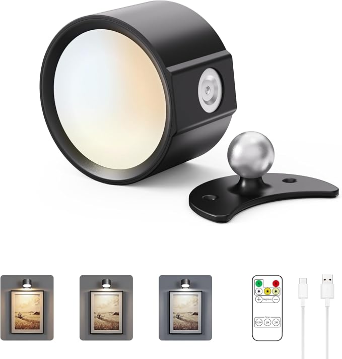 LANMEL LED Wall Mounted Lights,360° Rotating Rechargeable Wall Sconce Lamp | Black,3CCT,Dimmable,with Remote & Touch Control,USB Wireless Wall Lamp, Suitable for Study,Bedroom,and Bedside Reading