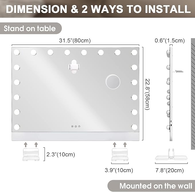 Hansong 32x23'' Large Vanity Mirror with Bluetooth Selfie Control, Ultra Thin Hollywood Mirror with 18 Bulbs, Makeup Mirror with 3 Color Lights and Phone Holder, Tabletop Mirror or Wall Mount