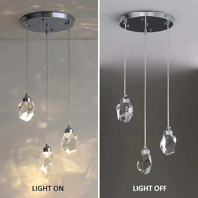 Modern Crystal Pendant Light, 3-Color LED Crystal Pendant Lamp, Adjustable Height Silver Ceiling Hanging Lamp, for Kitchen Island Bedroom Living Room Dining Room Lighting (3-Head Round Base)