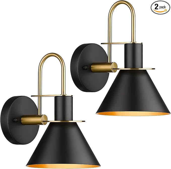 Wall Sconces Set of Two, HWH Modern Sconce Wall Lighting, 1-Light Black Barn Vanity Light, Industrial Wall Lamp for Bedroom Kitchen Bathroom, Black and Gold Finish, 5HZG56B-2L BK+BG