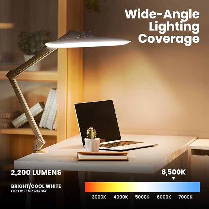 Neatfi XL 2200 Lumens 24W LED Desk Lamp – Shadow-Free Task Lighting | 4-Level Dimming | Home Office & Crafts Use | 20-Inch Wide Head (Brown Wood, Non-CCT with Clamp)