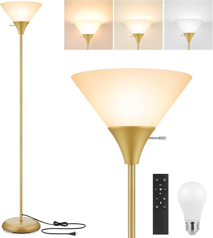 Coucrek Floor Lamp for Living Room, Torchiere Standing Light | Remote Control Stepless Dimmable Brightness & Color Temperature, 9W LED Bulb Included, Tall Lamp for Bedroom, Office, Dorm