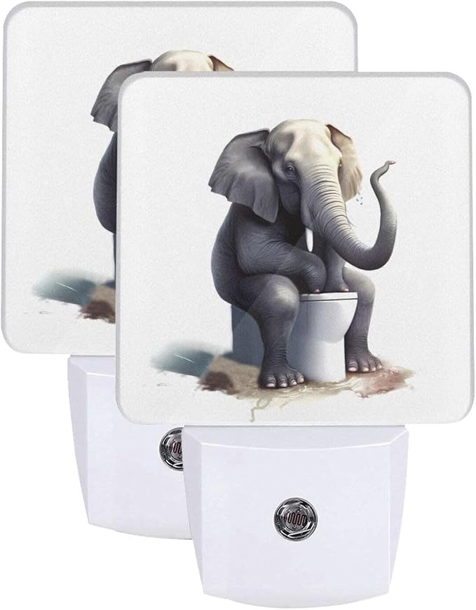 Funny Animal LED Plug-in Night Light 2-Pack, Auto Sensor Emergency Elephant Sitting Nightlights Set of 2 for Dawn Bedroom Kitchen/Dusk Bathroom/Night Stairs Hallway Toilet
