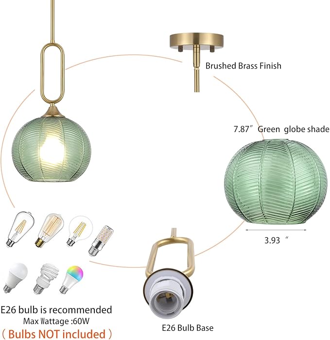 Green Glass Pendant Light Set of 2 Modern Globe Pendant Lighting Nordic Ribbed Gold Ceiling Hanging Chandelier with Brushed Brass Adjustable Rods Dining Room Kitchen Island Light Fixture