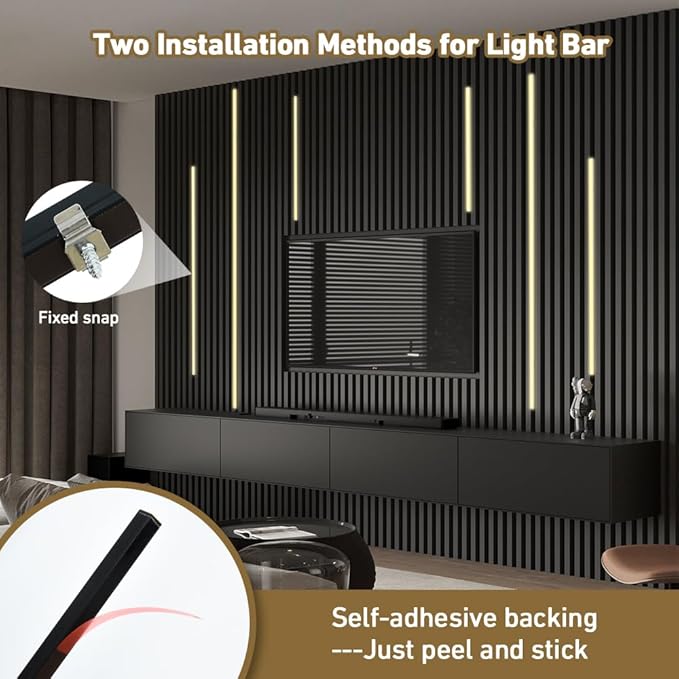 LED Recessed Lighting Kit,6 Pack Self-Adhesive LED Light Bar, Warm White 3000K, with Touching Switch, for Wood Slat Wall Panels,Indoor Wall,Home Decor. Black Channel,2Pcs*(16In+24In+40In)