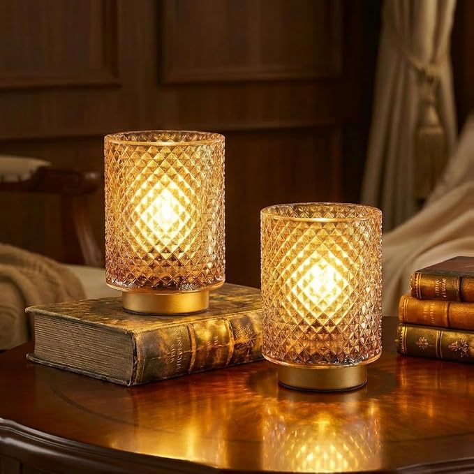 2 Pack Battery Decorative Operated Lamp,Small Accent Table Lamp with Timer for Bedside/Nightstand,Cordless Warm Ambiance Lamp with Warm White Bulb for Bookshelf/Entryway/Centerpiece Decor(Amber)