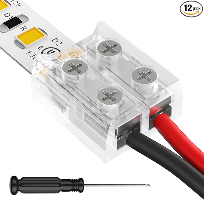 HitLights 2 Pin 10mm LED Connector Solderless 12 Pack for LED Light Strips | Strip-to-Wire, Transparent, with Screwdriver, Work with 5V/12V/24V SMD COB LED Single Color LED Strip and 14-20 AWG Wires