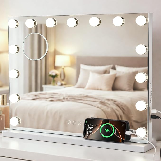 Hollywood Vanity Mirror with Lights, 22.1"x18.1" Hollywood Mirror with 10X Magnification, 15 Dimmable LED Bulbs & 3 Color Lighting Modes Desk Wall-Mounted Makeup Vanity Mirror