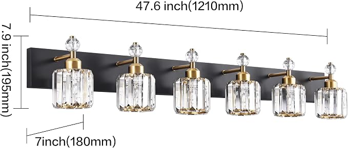 PRESDE Crystal 6 Light Bathroom Vanity Lights Black and Gold Bathroom Lights Fixtures Over Mirror Modern Bedroom Hallway