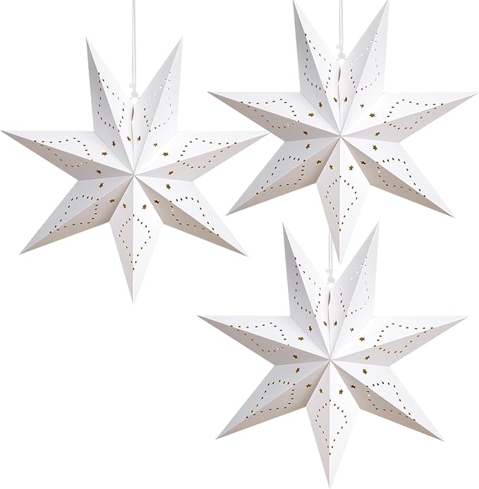 Lewondr Christmas Paper Star Lantern 3 Pack, Hanging Star Lights with Remote Control, Led Paper Lanterns with 6H Timer for Holiday Home Decoration