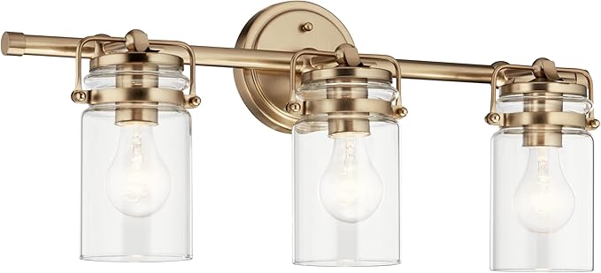Kichler, Brinley 24" 3 Light Vanity Light with Clear Glass in Champagne Bronze for Bathroom and Powder Room, (24" W x 10.25" H), 45689CPZ