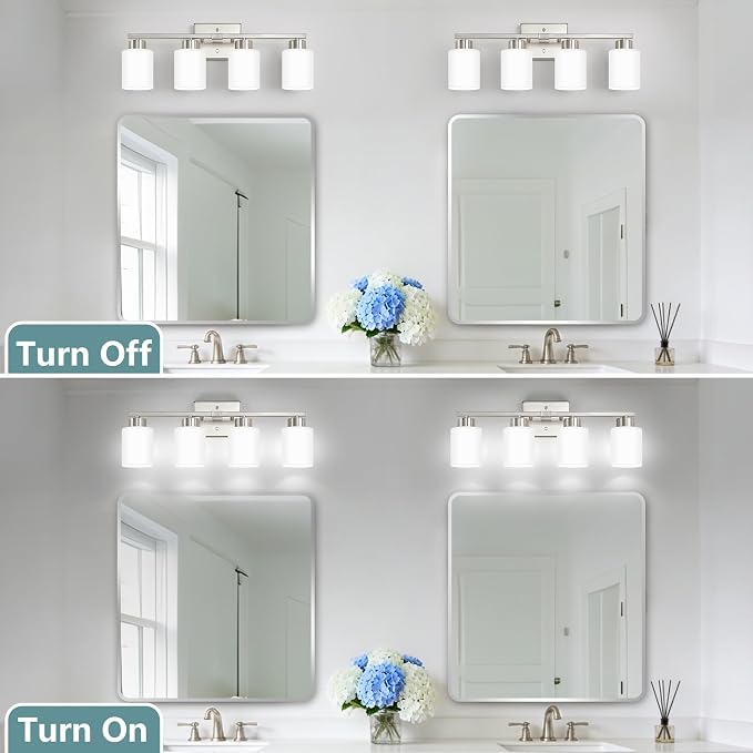 Brushed Nickel Bathroom Light Fixtures Vanity Lighting Over Mirror | 4-Light Modern Wall Sconces with Milky White Frosted Glass Shades for Restroom (E26 Socket)