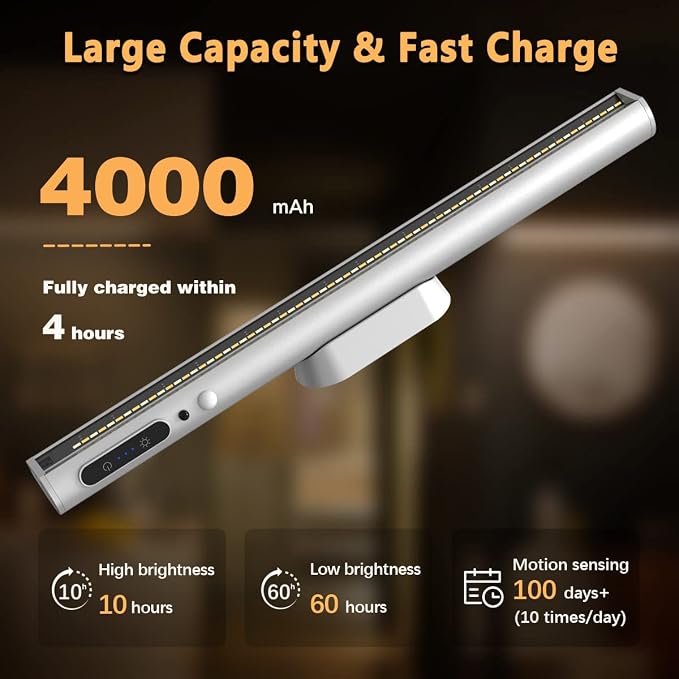 Battery Powered Operated Wall Strip Light with Motion Sensor | LED Light Bar, Rechargeable Magnetic Under Cabinet Lighting Wireless with Remote Control for Desk Mirror Closet Silver