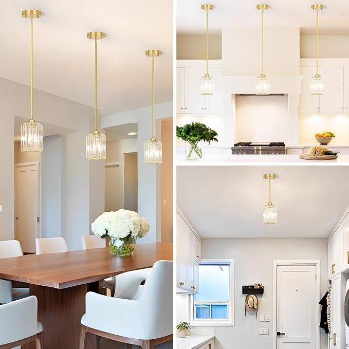 Lxybcce Brushed Gold Kitchen Pendant Lights Over Island with Adjustable Rods - Crystal Pendant Lighting Fixtures for Sloped Ceiling, Ideal Over Dining Table or Bar, E26 Bulb Compatible