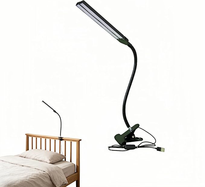 BUBBLE-FLY LED Clip on Reading Light, USB Desk Lamp with 32 LED Eye Protection, 360° Flexible Arm, Dimmable Clamp Light for Bed Headboard Home Office Study 7W Black