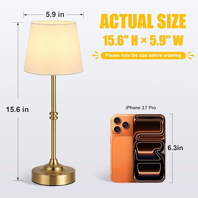 Kakanuo Rechargeable Cordless Table Lamp Gold - 2 Pack Brass 4000mAh Battery Operated Lamp, 3000K Warm Light, Touch Control Stepless Dimming, for Bedside, Dining Table, Home Decor