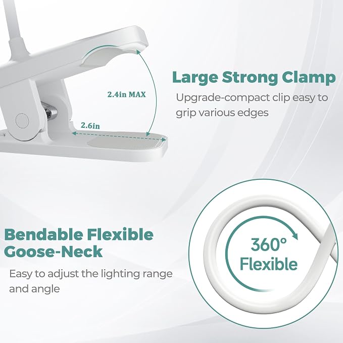 CUHIOY Rechargeable Clip on Reading Light for Bed Headboard, White, 1 Pack | Battery Clamp Bunk Bed Light, 5 Colors 5 Brightness Flexible Neck Desk Lamp, Flicker-Free Touch Control Kids Book Light