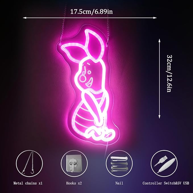 LED Anime Pig Neon Sign Pink Wall Art for Nursery, Baby,Kids Room,Girls Room,Dorm or Bedroom Decor, Dimmable USB, Sweet Uplifting Gift for Animal Lovers & Little Ones