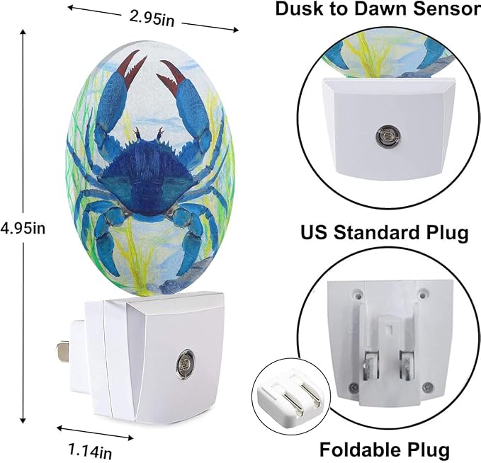 Blue Crab Night Light Shellfish Sea Grass Night Lights Plug into Wall 0.5W LED Lighting Auto on/Off for Hallway Stairway Kitchen Home Decor