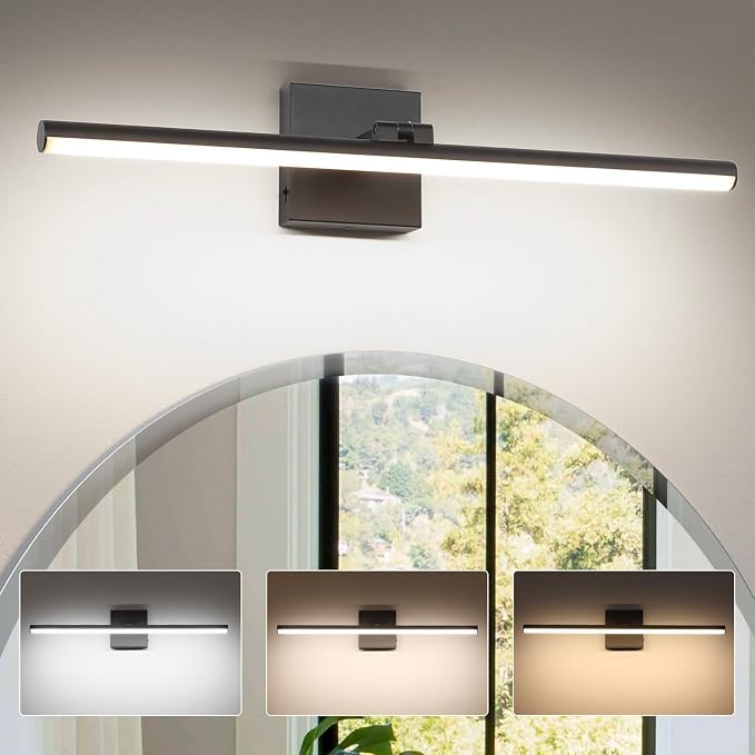 LED Bathroom Vanity Light, Modern Bathroom Light Fixture Over Mirror (3000K/4000K/6000K, Dimmable), Vanity Light Bar with Angle Adjustable, 24 Inch, Black