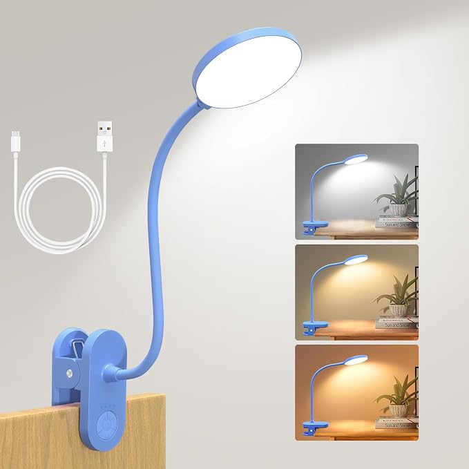 Rechargeable Desk Lamp with Clamp, 97 LED Eye-Care Table Light for Kids Bedroom with 3 Color & 10 Brightness, Cordless Clip on Lamp for Bed Book Reading Crafting Drawing Gaming Puzzle (Blue/4.7'') | 10 Brightness Levels, Clamp Lamp with USB-C, 15.8'' F...