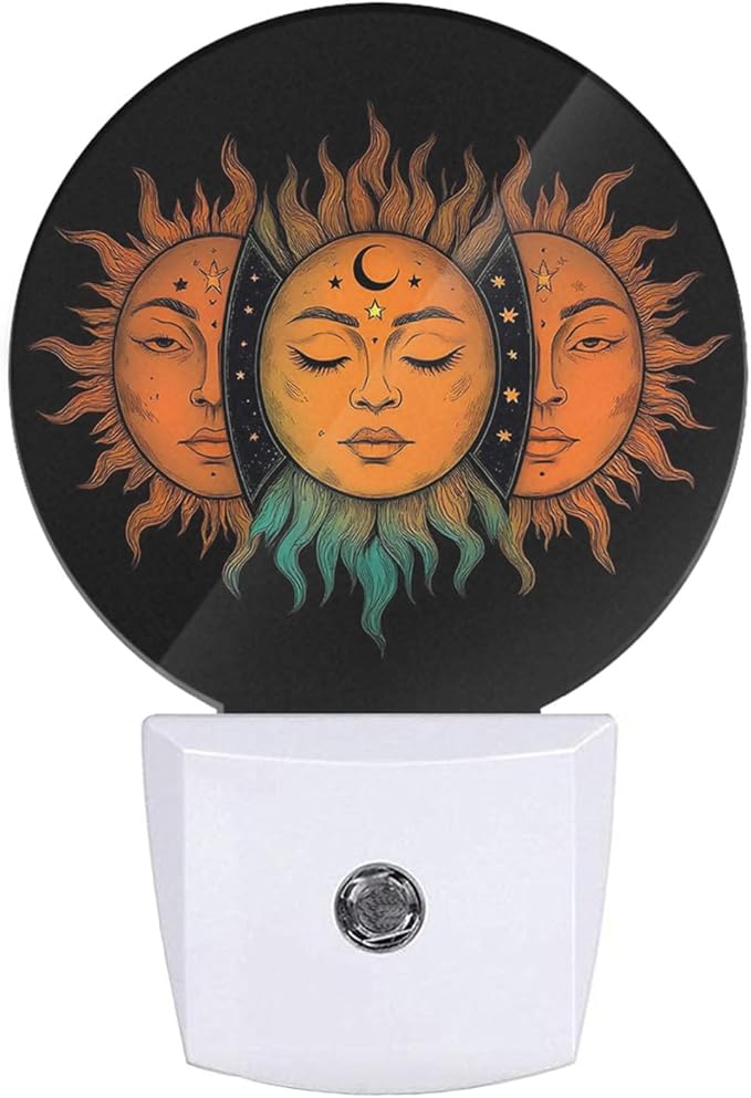 Plug-in Mystical Celestial Suns Art Night Light Sun Faces with Moon and Stars Nightlight with Dusk to Dawn Sensor, Auto On/Off 0.5W Energy-Saving LED Lighting Sleep Friendly