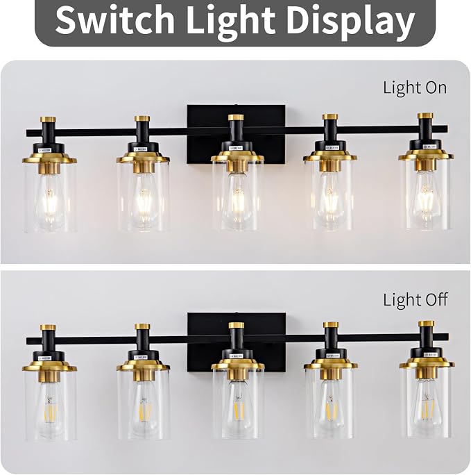 5-Lights Bathroom Light Fixtures, Gold and Black Bathroom Vanity Light Over Mirror, Brushed Gold Bathroom Light Fixtures with Clear Glass Shade for Hallway, Living Room