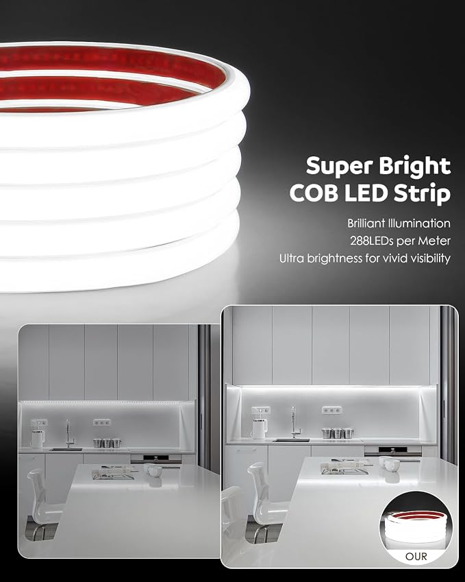 Aclorol 110V COB LED Strip Lights Outdoor Waterproof 6.56ft/2M Daylight White 6000K CRI90+ Flexible and Unifrom LED Light Strip for Bedroom Office Desk Indoor Outdoor Decoration 288LEDs/M IP67