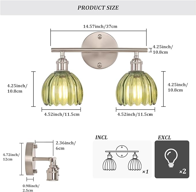 Bathroom Light Fixtures, 2-Light Vanity wall Light Over Mirror with Green Tulip Glass Shade for Bedroom Living Room (Bulb Not Included), Satin Nickel