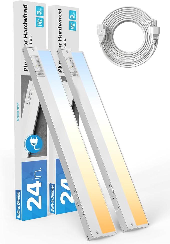 Ensenior Plug in or Hardwired Under Cabinet Lighting, 24 Inch 14W, 2 Pack | Heat-dissipating Aluminum, Built-in Switch & 4-Level Dimmer, 5 Colors, 2 Link Options, True-Color CRI90+, Moisture-Proof, FCC