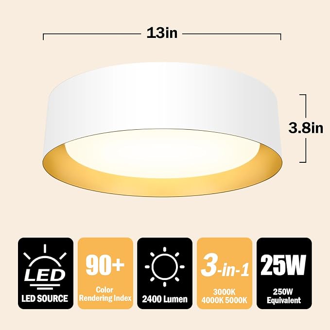 BrightHome Flush Mount Ceiling Light, 13in Modern Ceiling Light 3/4/5000K | 25W Bathroom Ceiling Light Fixture, 2600LM Dimmable LED Flush Mount Light for Bedroom, Hallway, Kitchen, White & Gold