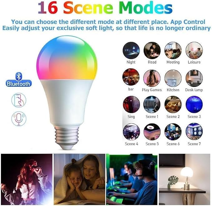 Smart Light Bulbs,WiFi & Bluetooth LED Light Bulb that Compatible with Alexa & Google Home, Color Changing Light Bulb, 9W A19 E26 2.4Ghz WiFi Light Bulbs 60 watt Equivalent,